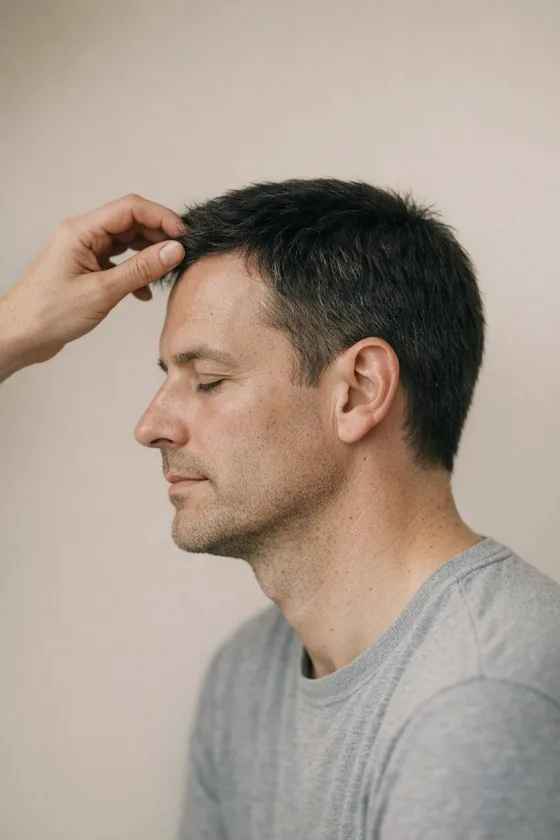 Editorial photograph: a man in profile with a hand lifting the hair at his temple