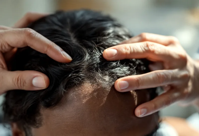 A clinician parting the hair to examine the scalp at The Hampton Clinic