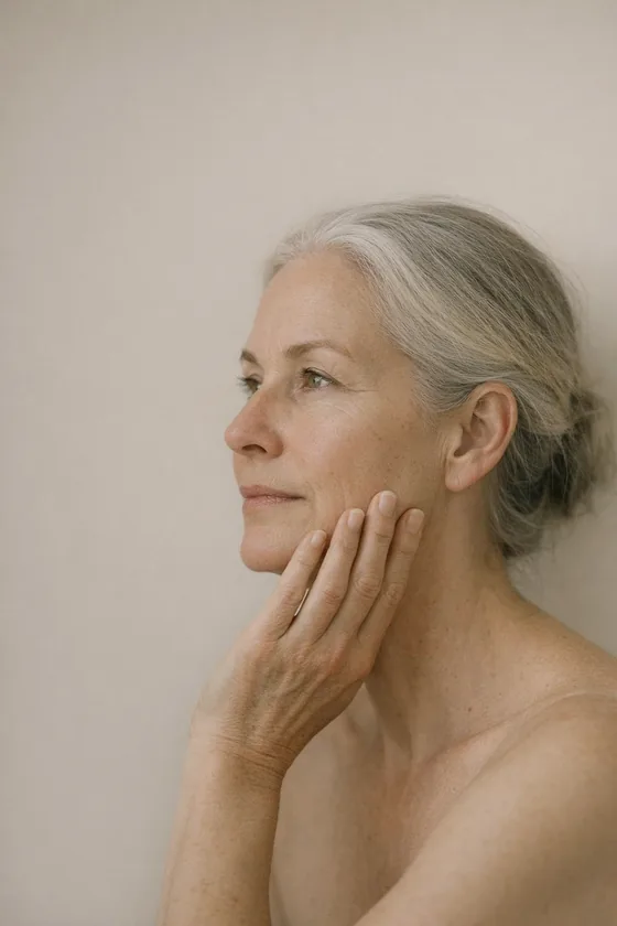 Editorial photograph: a woman with silver hair, fingertips along her jawline