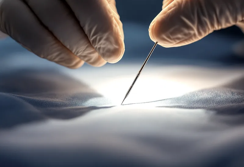 Gloved hands holding a fine implanter instrument above a sterile surgical drape